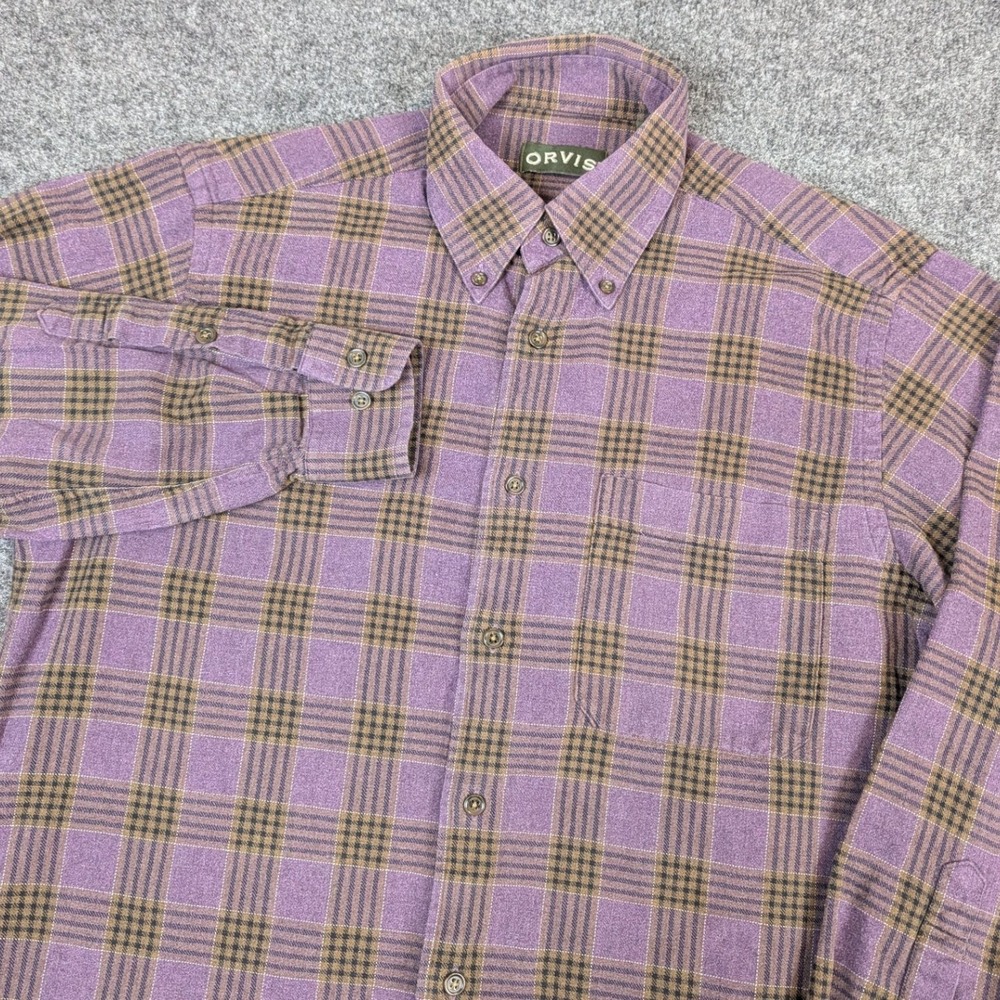 Orvis Mens Purple Plaid Cotton Flannel Button Down Shirt Medium Long Sleeve